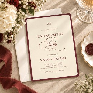 Ivory & Burgundy Stripes Retro Engagement Party Invitation