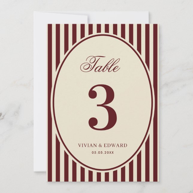 Ivory Burgundy Stripes Retro Wedding Table Number (Front)