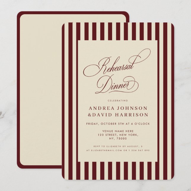 Ivory & Burgundy Stripes Vintage Rehearsal Dinner Invitation (Front/Back)