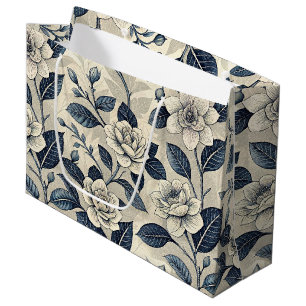 Ivory Camellia Indigo Blue Chinoiserie Botanical Large Gift Bag