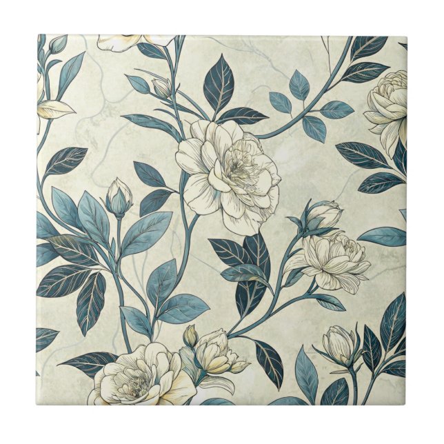 Ivory Camellia Indigo Chinoiserie Botanical Tile (Front)