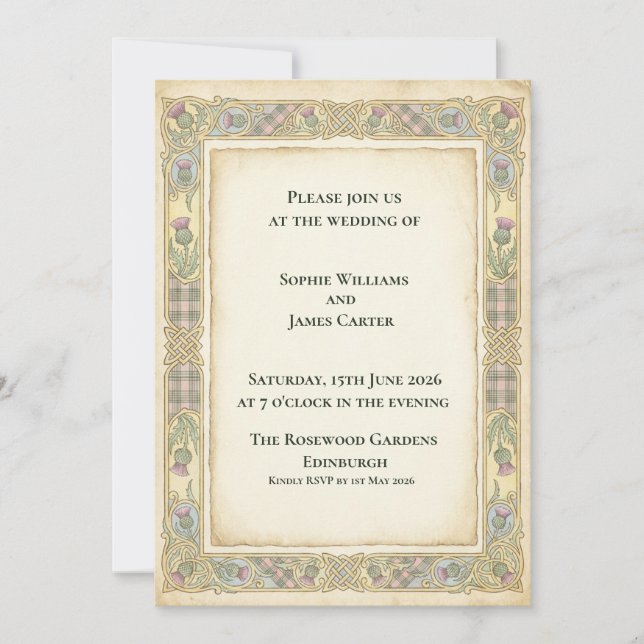 Ivory Celtic Thistle Tartan Wedding Invitation (Front)