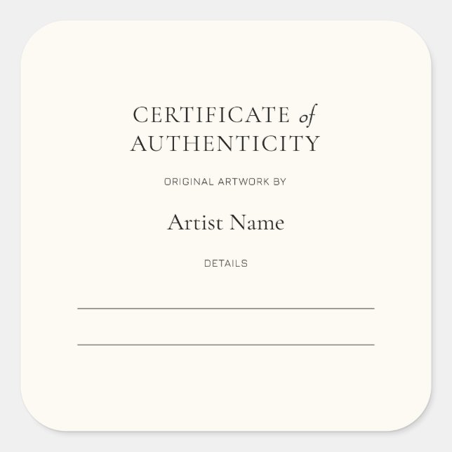 Ivory Certificate of Authenticity for Art Sticker (Front)