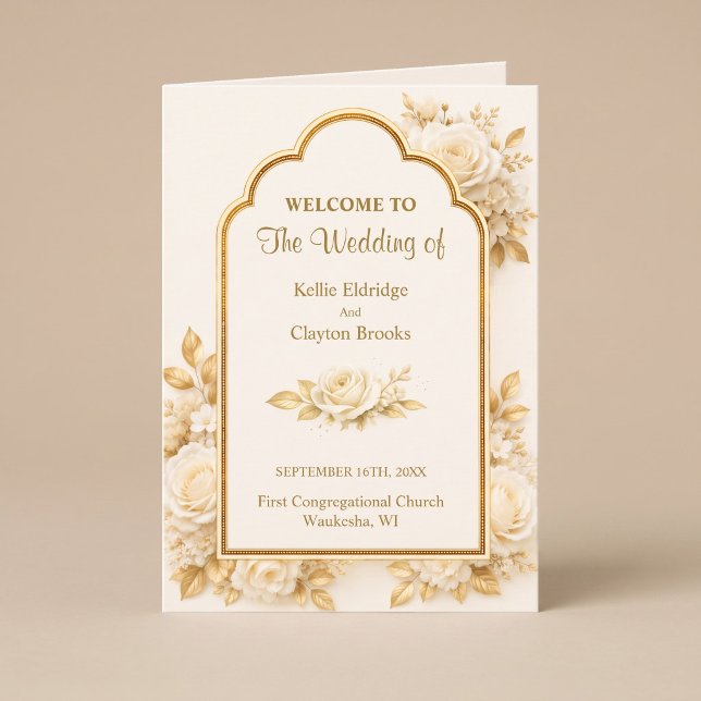Ivory & Champagne Floral Wedding Folded Program (Creator Uploaded)