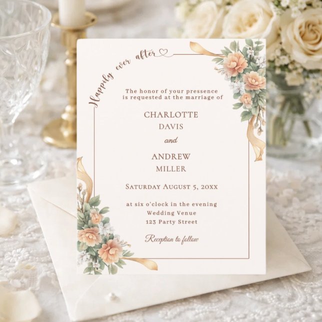 Ivory champagne florals ribbon wedding invitation (Creator Uploaded)