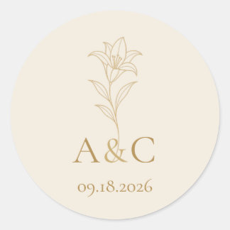 Ivory Champagne Lily Wedding Monogram Envelope Sea Classic Round Sticker