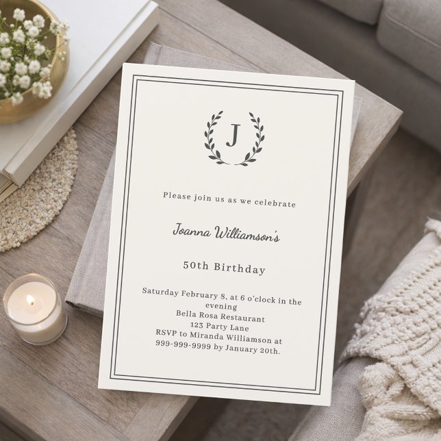 Ivory charcoal monogrammed wreath minimalist invitation (Creator Uploaded)