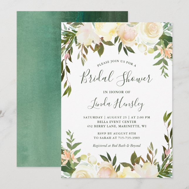 Ivory Chic Floral Garden Greenery Bridal Shower Invitation (Front/Back)