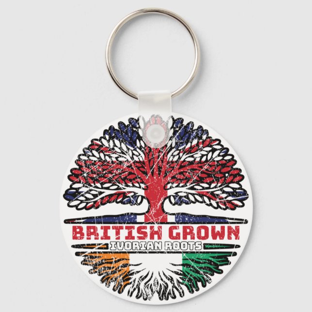 Ivory Coast Ivorian British UK Tree Roots Flag Keychain (Front)