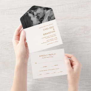 Ivory Copper Monogram Photo Modern Wedding All In One Invitation