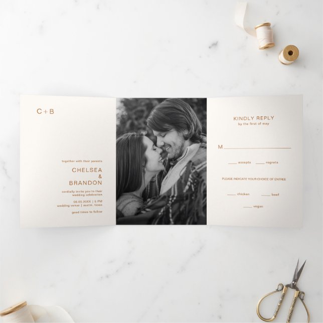Ivory Copper Monogram Photo Modern Wedding Tri-Fold Invitation (Inside)