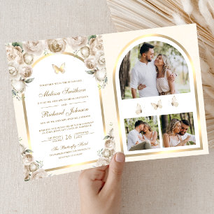 Ivory Cream Floral Gold Arch Butterfly Wedding Invitation