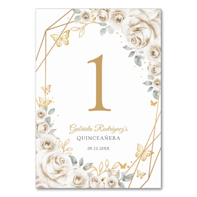 Ivory Cream Gold Floral Quinceanera Table Number (Front)