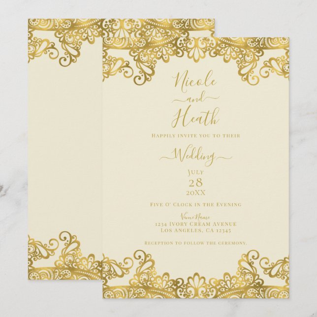 Ivory Cream & Gold Lace Elegant Wedding   Invitation (Front/Back)