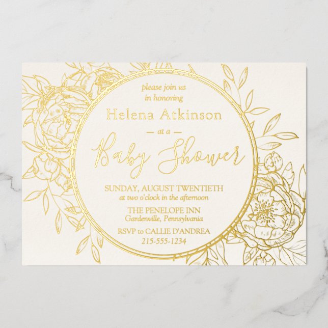 Ivory Cream & Gold Modern Peony Toile Baby Shower (Front)