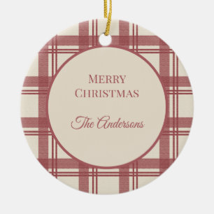 Ivory Cream Red Vintage Tartan Plaid Christmas Ceramic Ornament