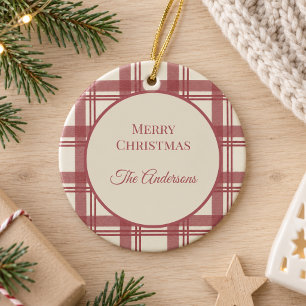 Ivory Cream Red Vintage Tartan Plaid Christmas Ceramic Ornament