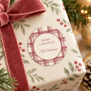 Ivory Cream Red Vintage Tartan Plaid Christmas Classic Round Sticker