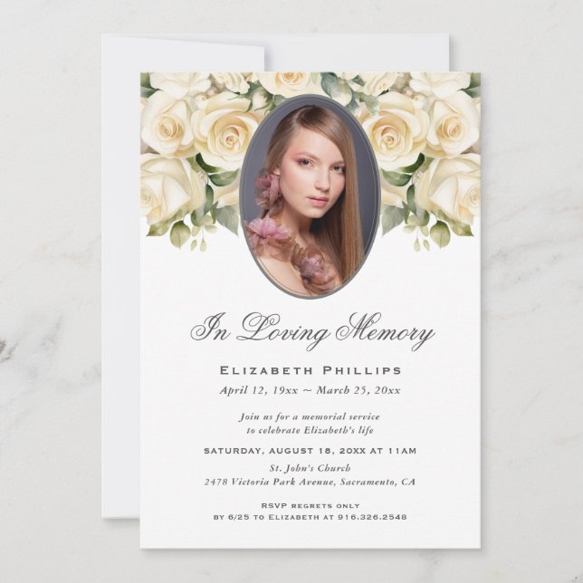 Ivory Cream Rose Photo Funeral Memorial Invitation (Front)