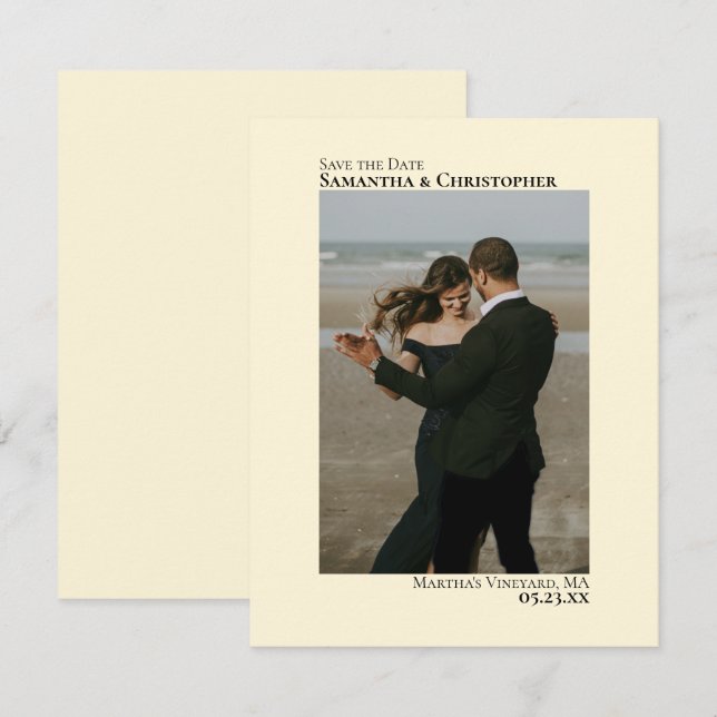 Ivory Cream Vertical Photo Minimalist Wedding Save The Date (Front/Back)