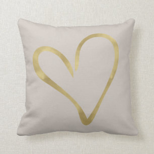 Ivory Cream with Gold Heart Throw Pillow