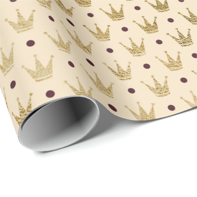 Ivory Creamy Gold khaki small dots crown Princess Wrapping Paper (Roll Corner)