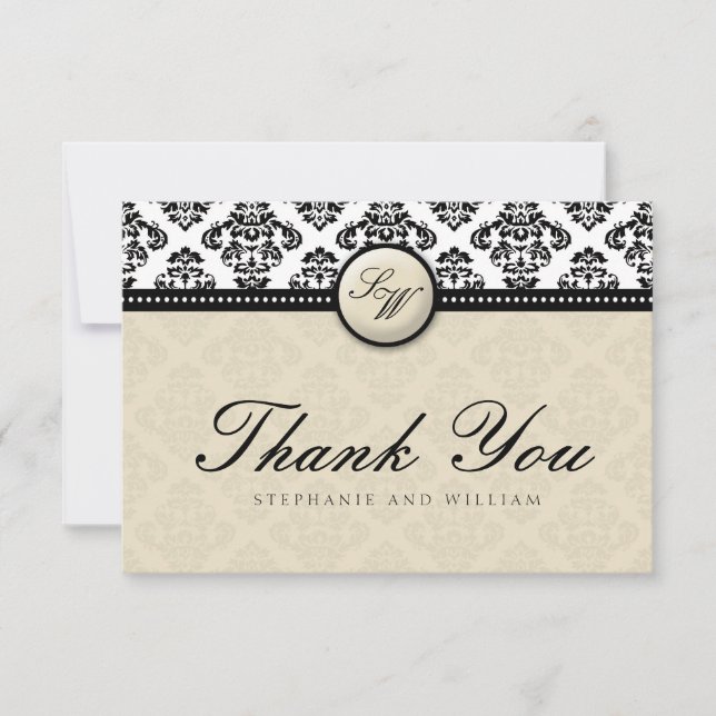 Ivory Damask Monogram Mariage Carte de remerciemen (Devant)