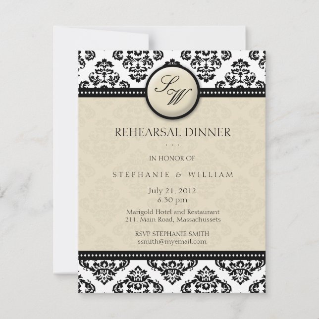 Ivory Damask Monogram Rehearsal Dinner Card (Front)