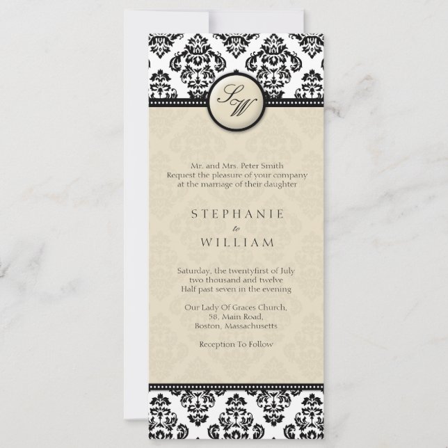Ivory Damask Monogram Wedding Invitation (Front)
