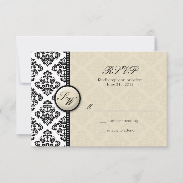 Ivory Damask Monogram Wedding RSVP (Front)