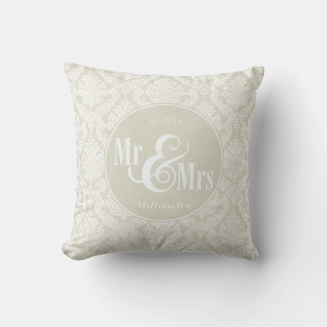 Ivory Damask "Mr & Mrs" pillow, personalized Throw Pillow (Front)