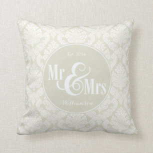 Ivory Damask "Mr & Mrs" pillow, personalized Throw Pillow
