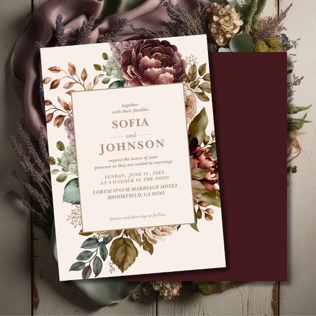 Ivory Dark Rose floral Fall Winter Wedding Invitation (Creator Uploaded)