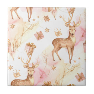 Ivory Deer with Gold Stars and Pink Gifts Tile