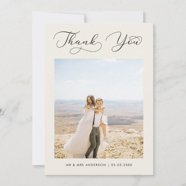Ivory Delicate Calligraphy Wedding Photo Thank You (Front)