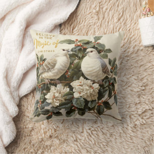 Ivory Doves Christmas Holly Magic Throw Pillow