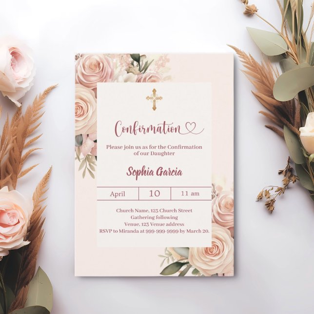Ivory dusty rose florals Confirmation Invitation (Creator Uploaded)