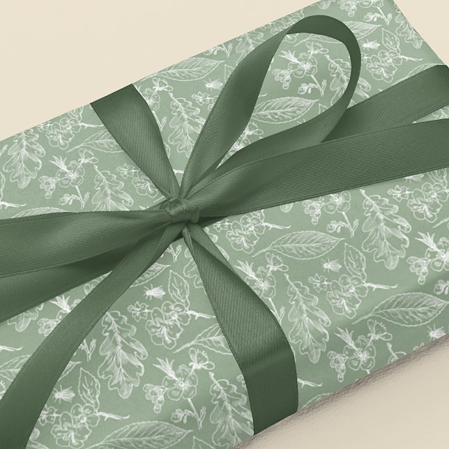 Ivory Ecru Leaves Floral Art Pattern On Sage Green Wrapping Paper (Creator Uploaded)