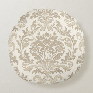 Ivory Elegance Baroque Damask Classic Antique Round Pillow