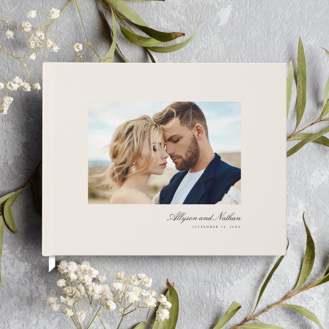 Ivory Elegant Modern Simple Script Photo Wedding Guest Book (Creator Uploaded)