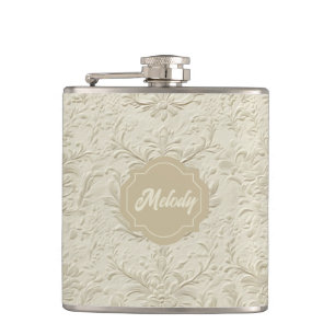 Ivory Embossed Floral Vinyl Wrapped Flask