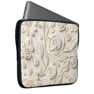 Ivory Embroidered Floral Design Laptop Sleeve