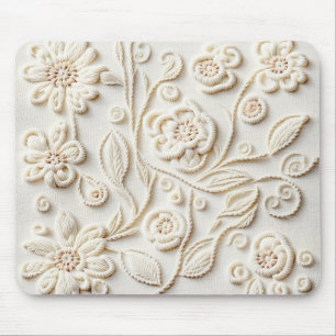 Ivory Embroidered Floral Design Mouse Pad