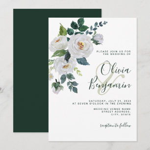 Ivory Emerald Green White Floral Elegant Wedding Invitation