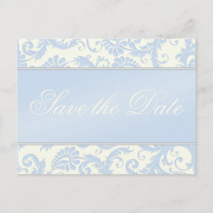 Ivory et Blue Damask Enregistrer la date Carte pos