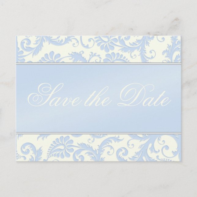 Ivory et Blue Damask Enregistrer la date Carte pos (Devant)