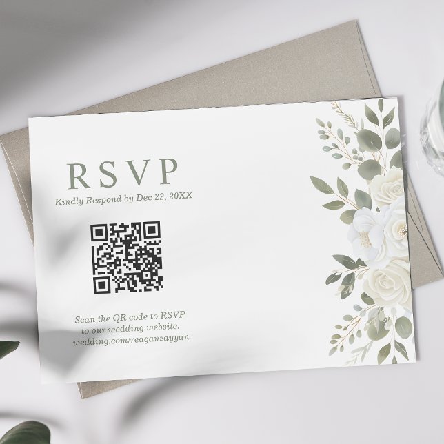 Ivory Et Sage QR Code Mariage Floral Carte RSVP (Créateur téléchargé)