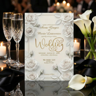 Ivory Faux Embossed 3D White Rose Floral Wedding  Invitation