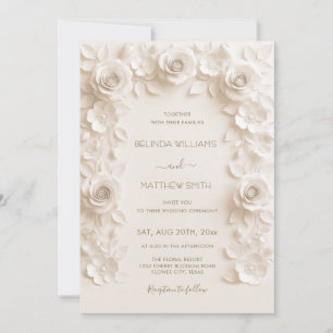 Ivory Faux Relief Roses Frame Wedding  Invitation