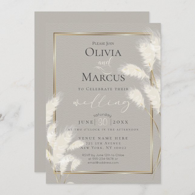 Ivory Feathery Pampas Grass Allison1 Invitation (Front/Back)